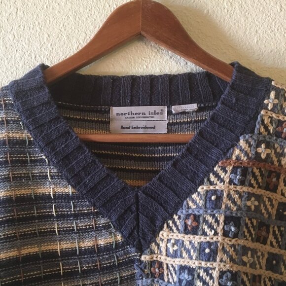 VTG Northern Isles Hand Embroidered Knit Sweater Stripes Patchwork Pocket XL - Picture 4 of 7